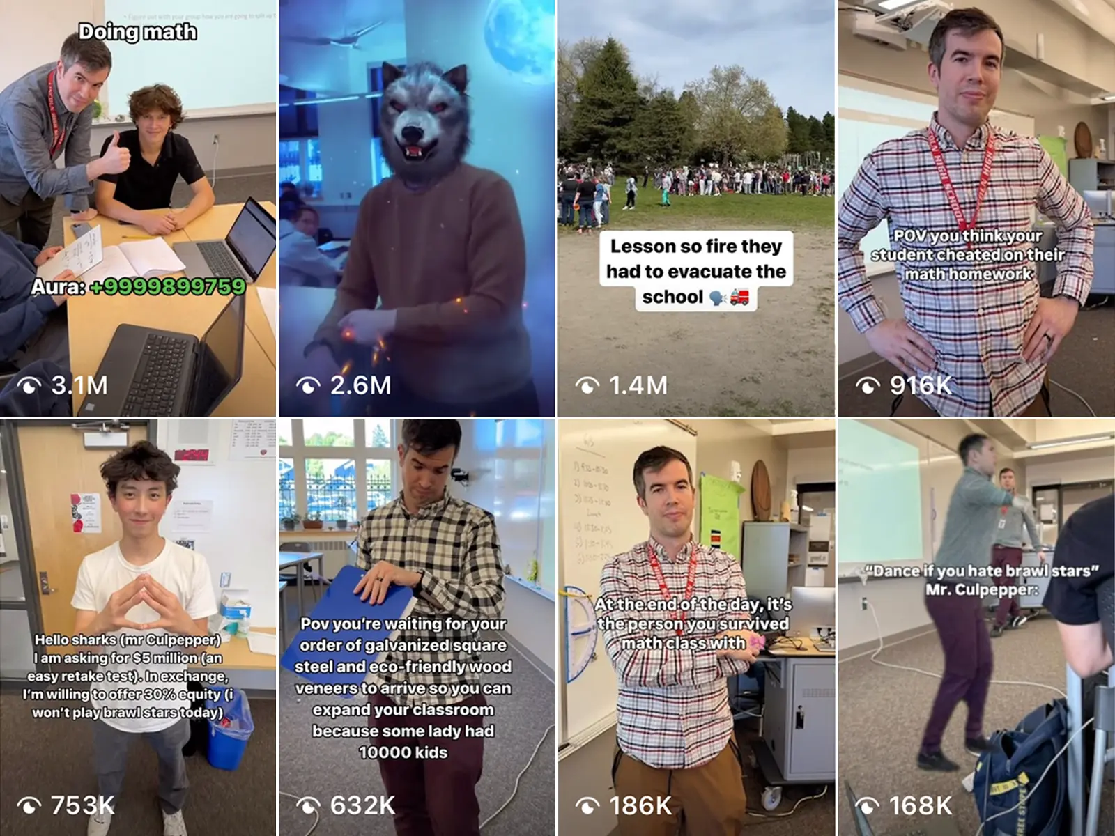 Screenshot grid of eight classroom Reels featuring Mr. Culpepper, several with over 1 million views